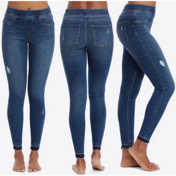 Spanx‎ Jeans Womens XS Medium Wash Distressed Ankle Skinny Fit Pull On Jeans - Picture 1 of 11